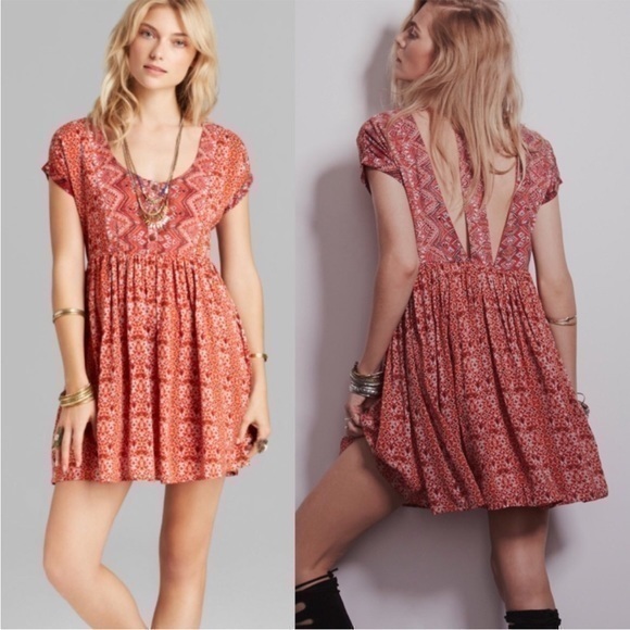 Free People Dresses & Skirts - Free People Sundown Babydoll Dress Spilt Open Back Flowy Aztec Print